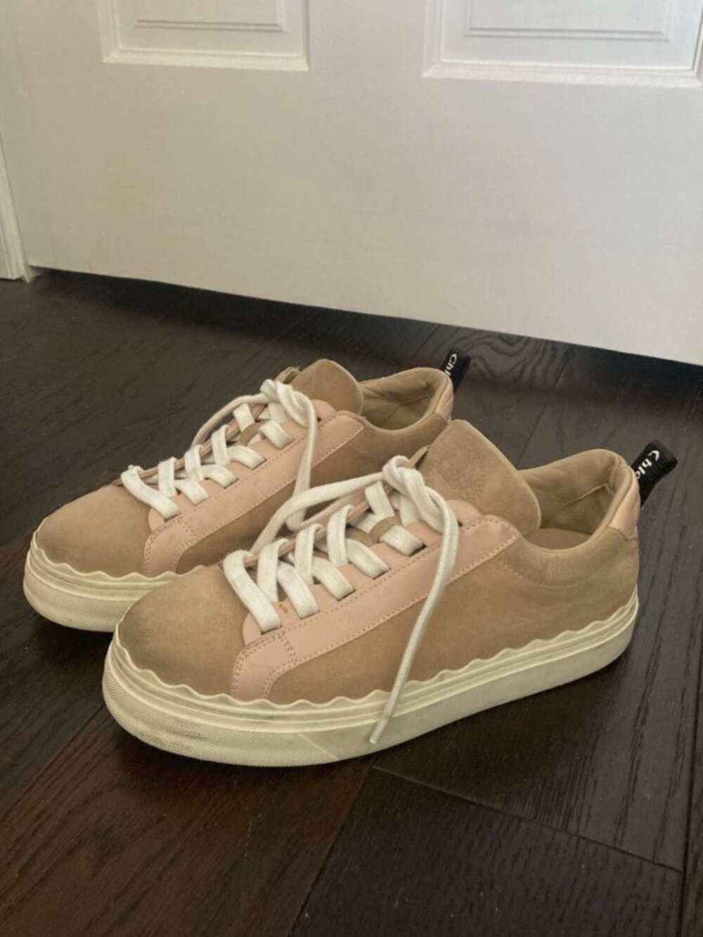 Chloe Lauren Women’s Low Top, Lace-Up Sneaker, Beige Nude Suede , Size EUR 37